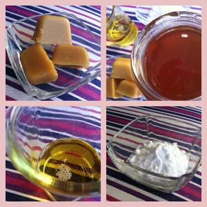 Ingredients (clockwise from top left): beeswax; honey; bicarb soda; macadamia oil