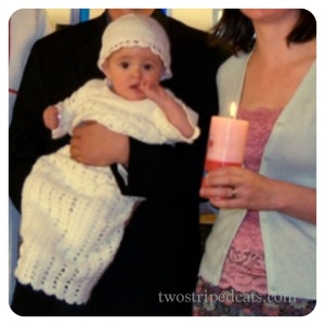 Miss L donning Mum's crochet christening gown